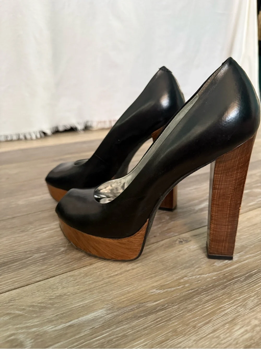 Gianni Bini Black Leather Peep-Toe Pumps with Wood-Effect Platform